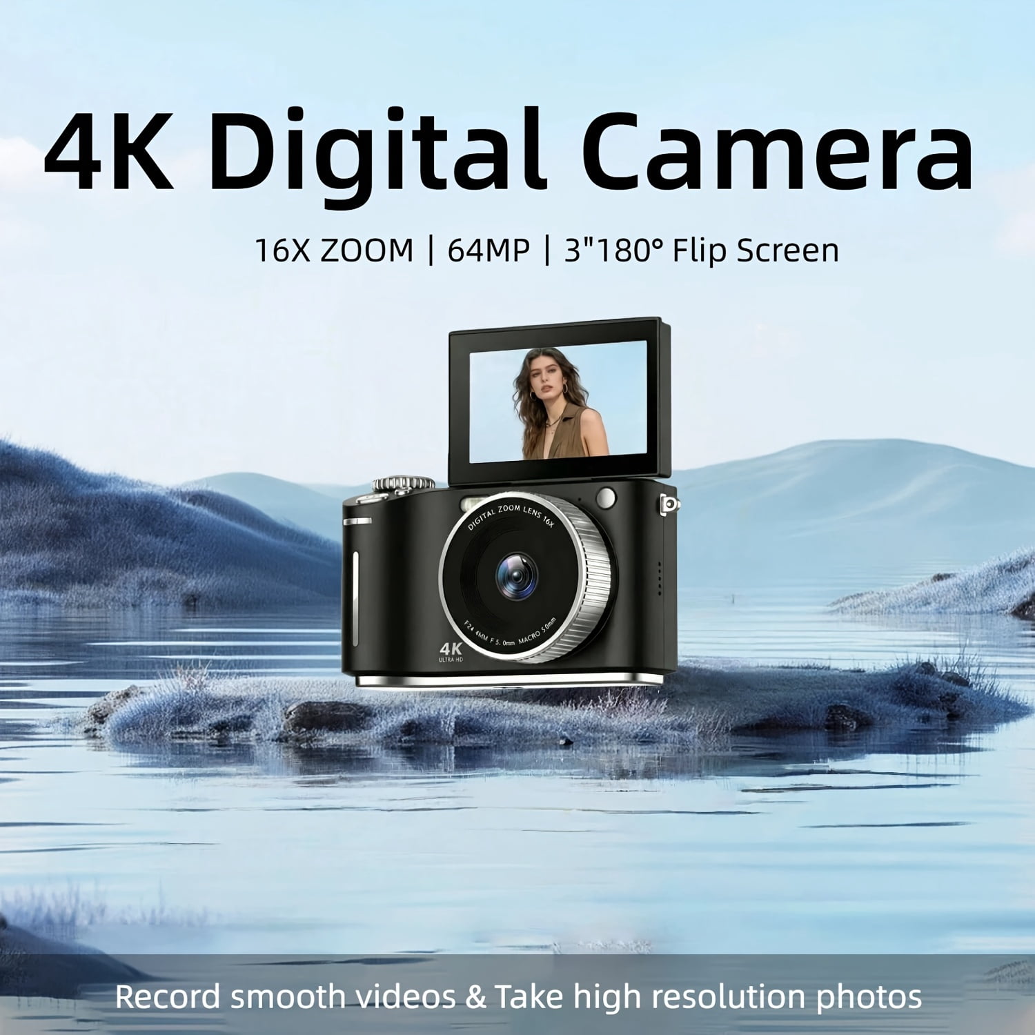 4K HD Digital Camera 180° Flip-Screen Built-in Fill Light Includes 32GB ...