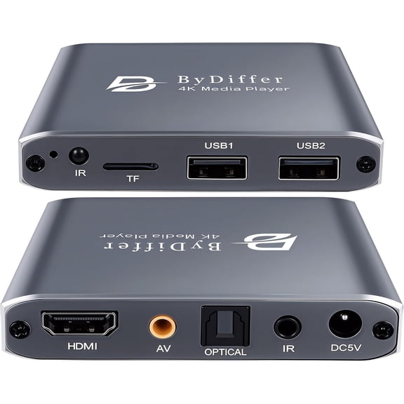 4K HD Digital Media Player, TV MP4 Video Player for USB Drive/Micro SD Card, Digital Signage, Auto Playback, H.265/HEVC, Optical/HDMI/AV Output, Grey