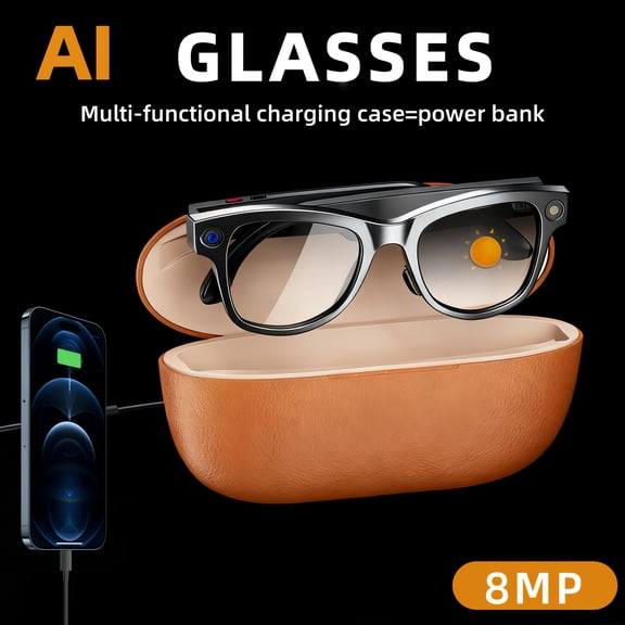 4K HD Smart Glasses Camera with Built-in Power Bank Case - VR Recording Glasses with Image Stabilization, Photochromic, AI, Real-Time Translation & Voice Assistant for Vlogging, Outdoor - - (for men