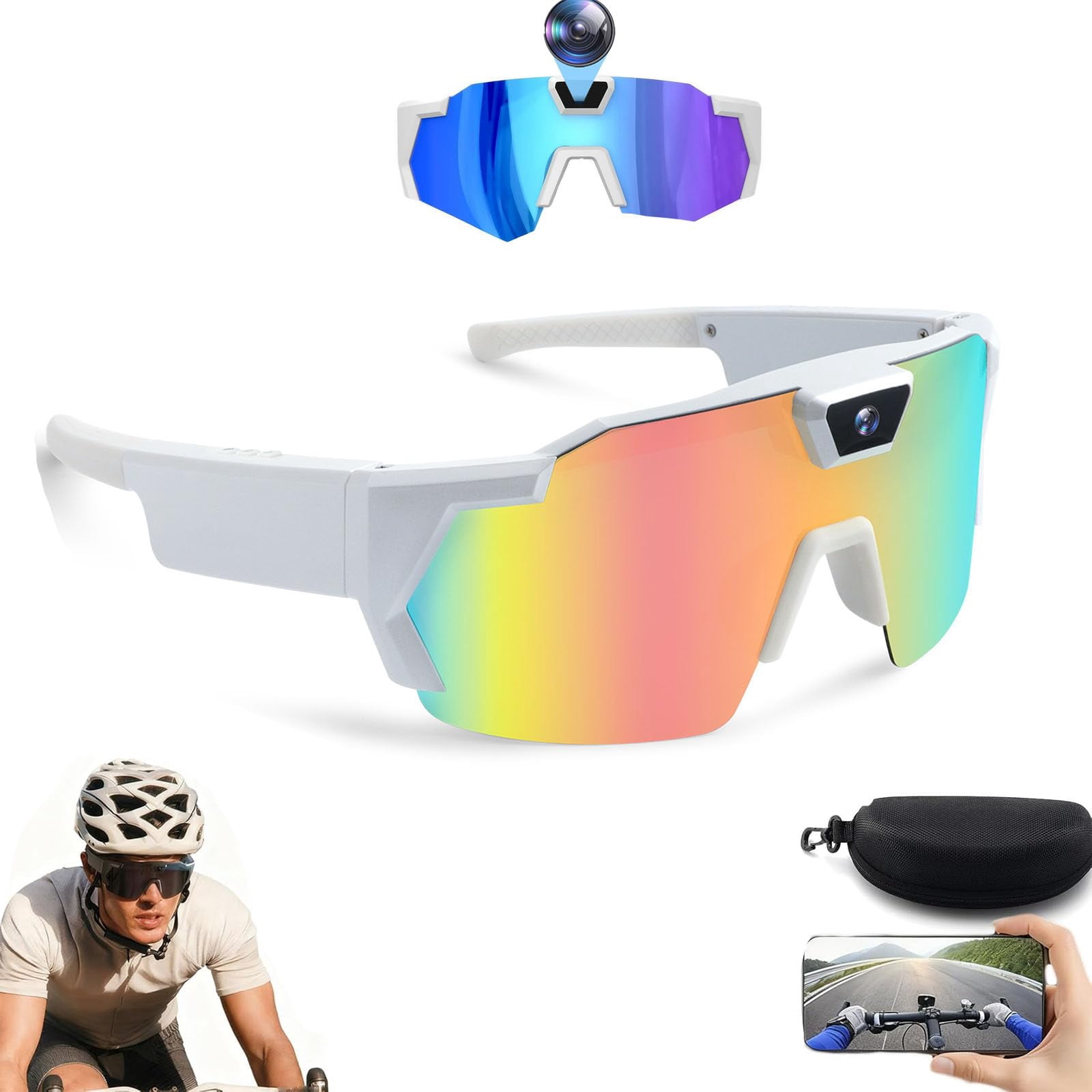 4K HD Video Camera Baseball Glasses with Camera POV Pro Sports Glasses Recording Action Cameras Sunglasses 2026 Upgrade Smart Video Recording Glasses for Action Sports with Memory (White C)