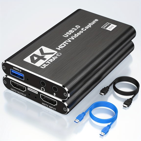 4K HD Video Capture Card, 1080P 60fps Recording, HDMI Loop-Out with Audio Microphone, Ideal for Gaming Live Streaming Conference, Compatible with Switch PS4 Camera PC OBS