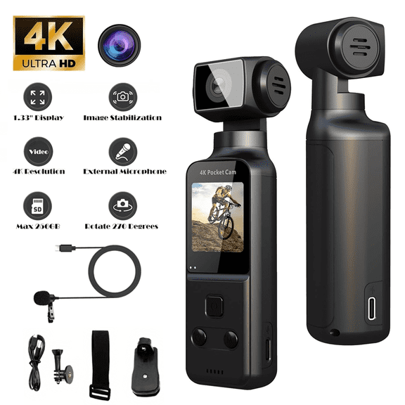 4K HD Vlogging Camera with Stabilizer, Rechargeable Pocket Action Cam, 270° Swivel View & Magnetic Mount, USB Charging, Body Camera for Handheld Recording
