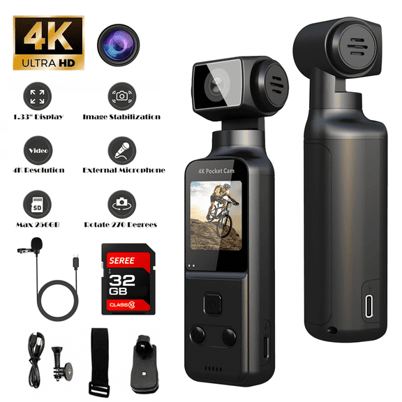 4K HD Vlogging Camera with Stabilizer, Rechargeable Pocket Action Cam, 270° Swivel View & Magnetic Mount, USB Charging, Body Camera for Handheld Recording