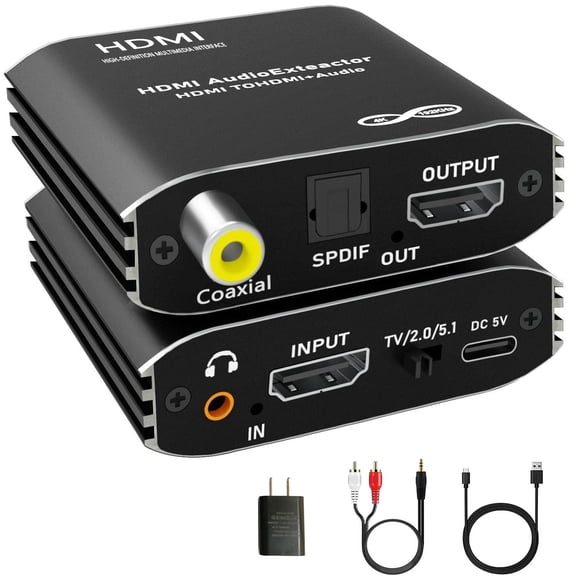4K HDMI Audio Extractor with HDMI Cable - Converts to Optical S/PDIF, Coaxial, 3.5mm Aux & RCA, Works with TV, PS5, Fire Stick & More, Supports Dolby Atmos Digital Plus