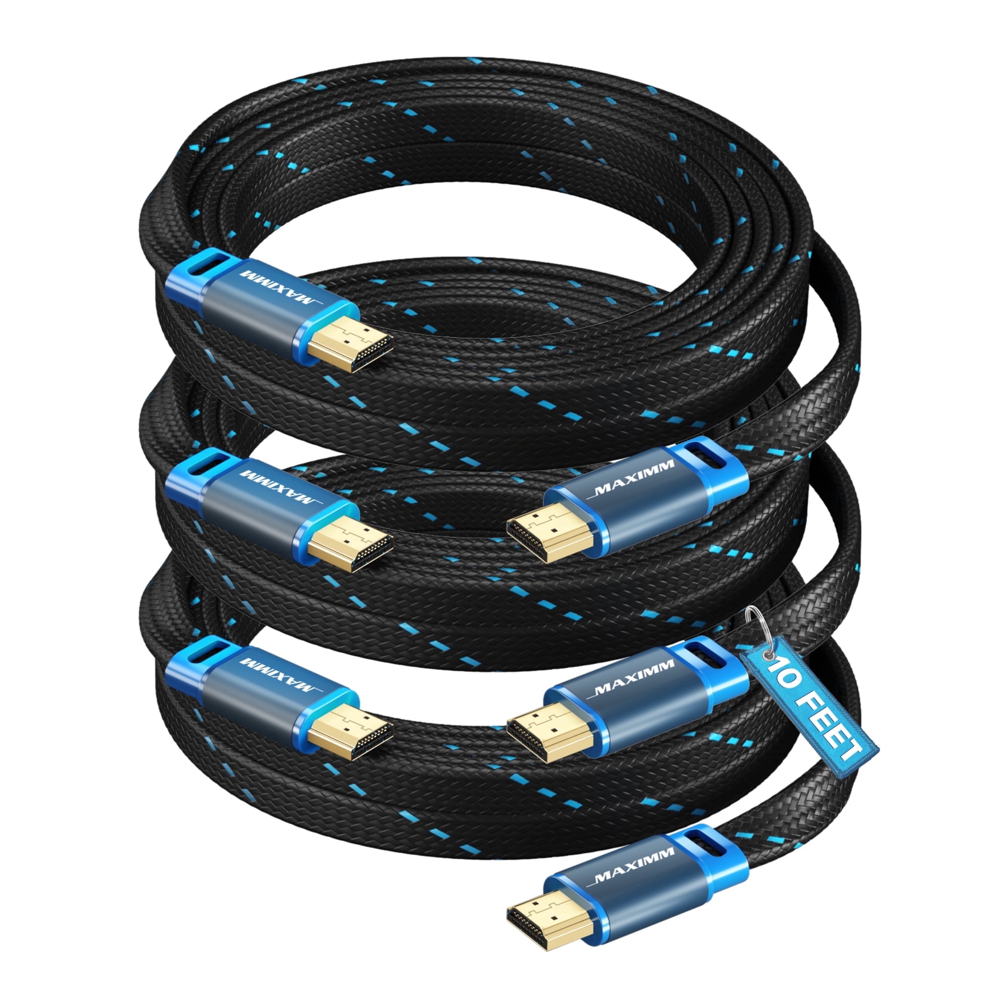 4K HDMI Cable, 10ft, Super-Slim Flat Space-Saving, High-Speed HDR HDMI 2.0 Braided Cord, 3-Pack, UL-Certified
