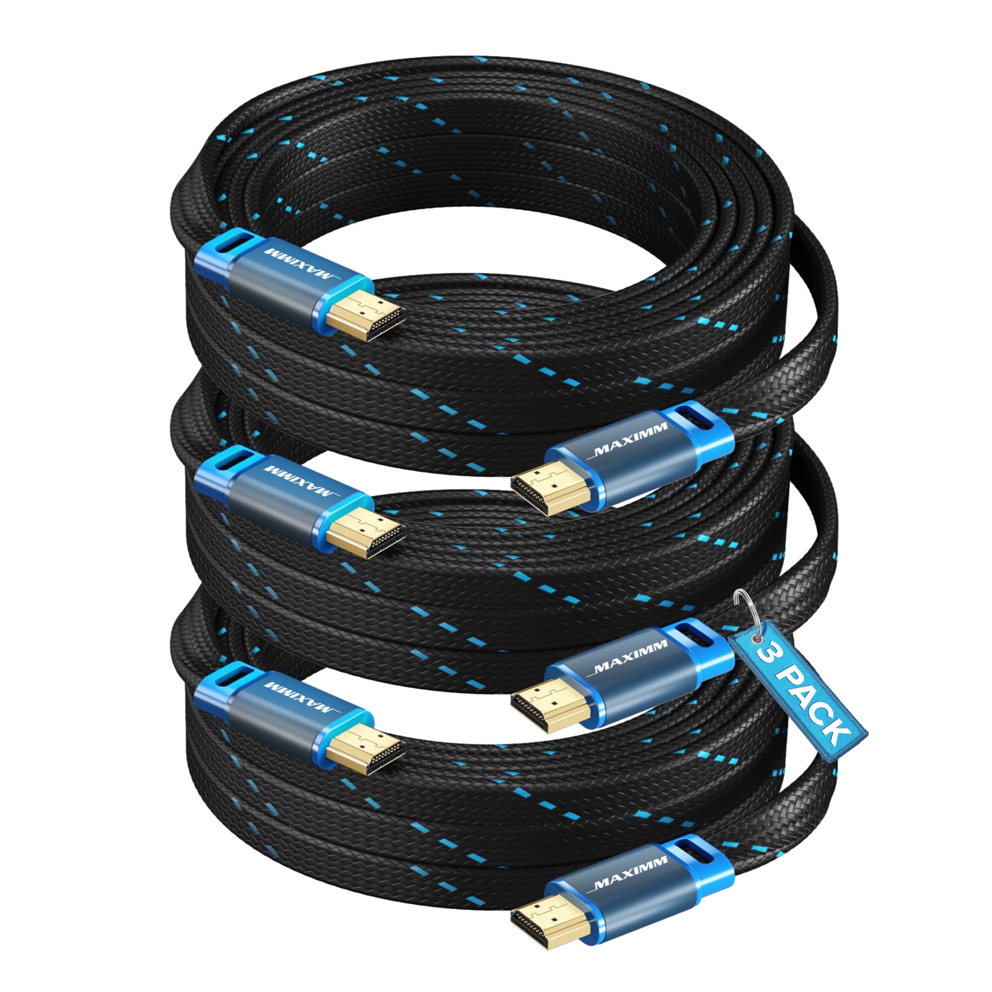 4K HDMI Cable, 15ft, Super-Slim Flat Space-Saving, High-Speed HDR HDMI 2.0 Braided Cord, 3-Pack, UL-Listed