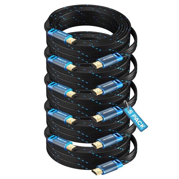 4K HDMI Cable, 15ft, Super-Slim Flat Space-Saving, High-Speed HDR HDMI 2.0 Braided Cord, 5-Pack, UL-Listed
