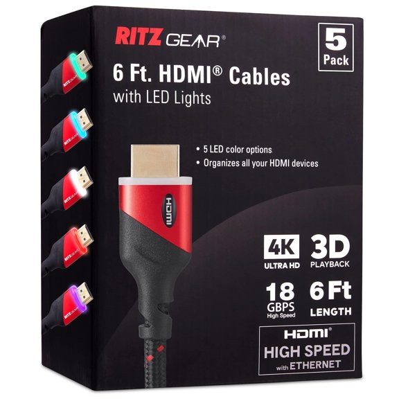 4K HDMI Cables 6FT [5 Pack] by Ritz Gear, Black/Red Braided Nylon Cord with Multi Color LED Lights for Your Projector