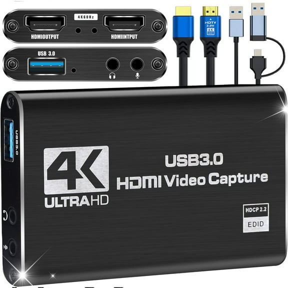 4K HDMI Capture Card for Streaming & Gaming,USB 3.0 Audio Video Capture Device 1080P 60FPS, Low Latency, HDMI Loop Out, Capture Card for PS5, Xbox, Nintendo Switch,PC,Mac,OBS