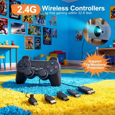 4K HDMI Gaming Console with 2.4G Wireless Controllers: Lag-Free Play Within 32.8 Feet