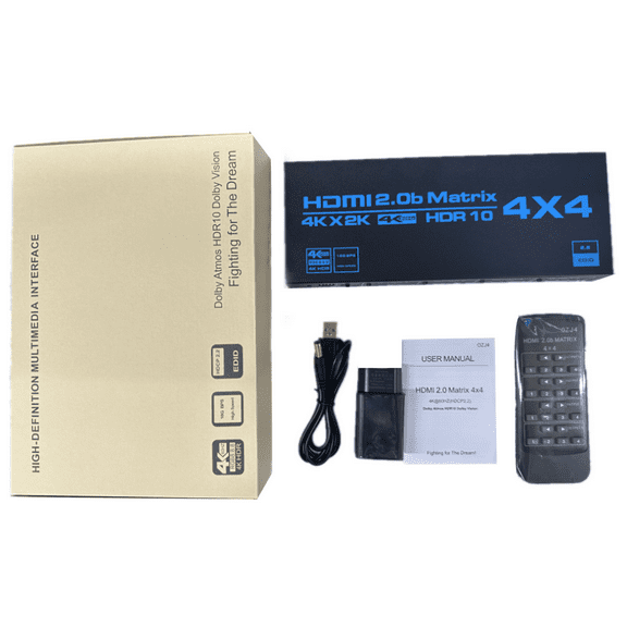 4K HDMI Matrix Switch, 4X4 HDMI Matrix Switcher Splitter with EDID Extractor and IR Remote Control Support HDMI 2.0b, 4K@60Hz