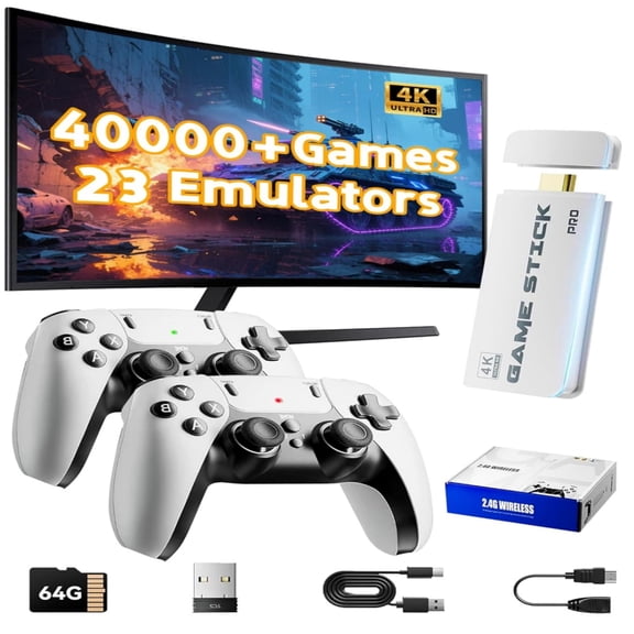 4K HDMI Output , 40000+ Arcade Game System and 23 Emulators, Dual 2.4G Wireless Controllers ,Plug and Retro Play Video Games (64G,White)