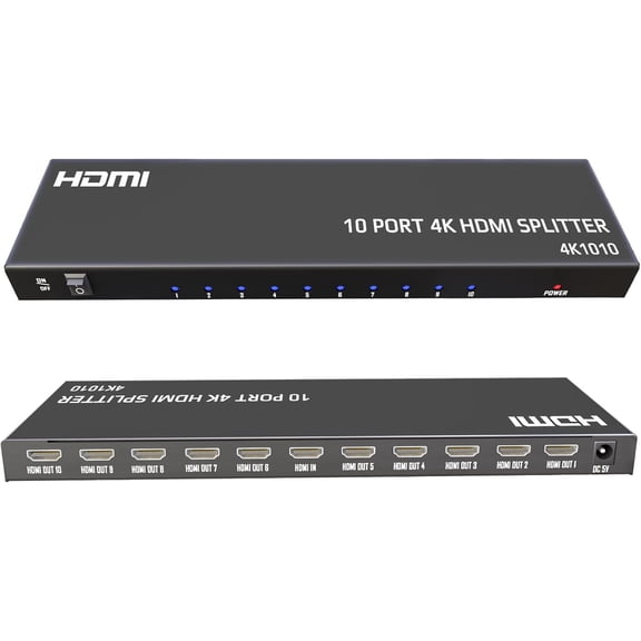 4K HDMI Splitter 1 in 10 Out - Powered Splitters 10 Way Monitor Outputs,Support 4K@30Hz,3D Audio Video Sync,Plug&Play for HDTV PS4/5 Xbox PC Laptop