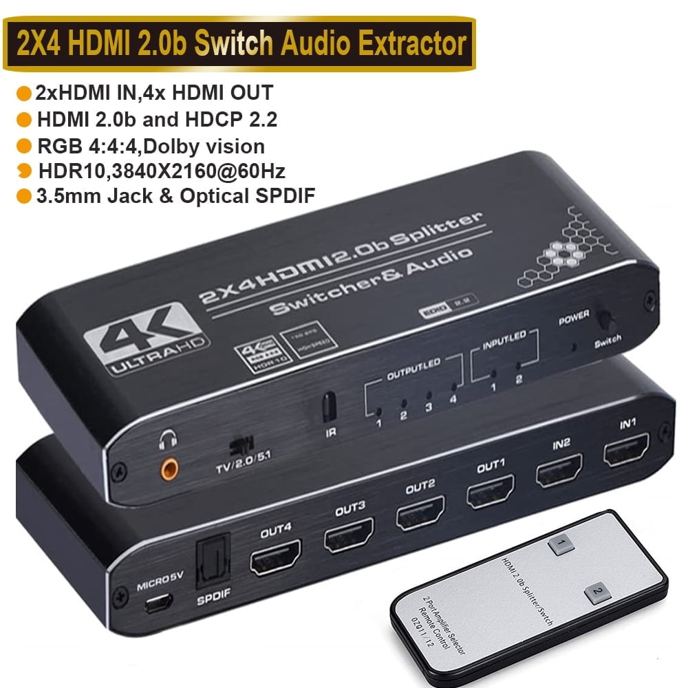 Extractor Remote Switch 4K HDMI Splitter 2x4,AUBEAMTO HDMI Switch 2 in 4 Out Switcher Box with ...