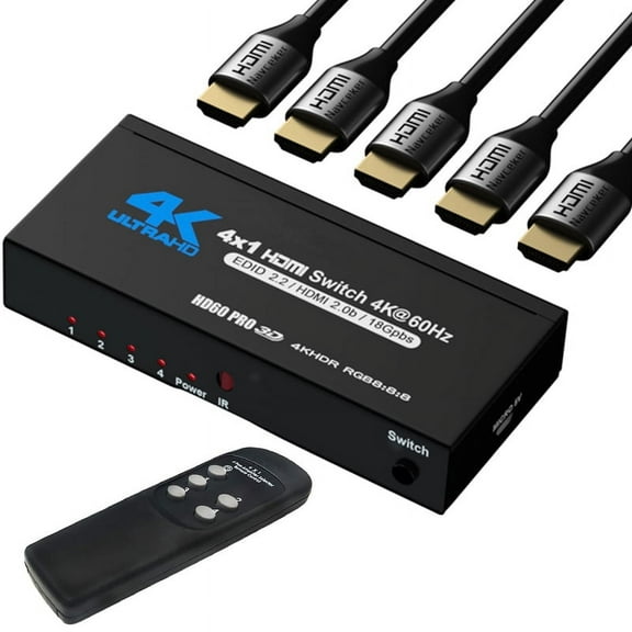4K HDMI Switch 4x1, 4K@60Hz 4 in 1 Out HDMI Switcher Selector with IR Remote Control, Supports HDCP 2.2 4K@60Hz UltraHD HDR10 3D HD1080P Dolby DST, HDMI Splitter for PS4 Xbox Apple TV