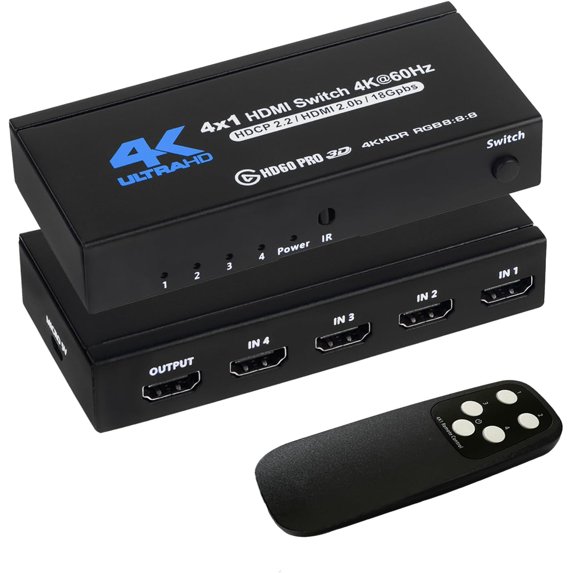 4K HDMI Switch 4x1, 4K@60Hz 4 in 1 Out HDMI Switcher Selector with IR Remote Control, Supports HDCP 2.2 UltraHD HDR10 3D HD1080P Dolby DST, HDMI Splitter for PS4 Xbox Apple TV Fire Stick