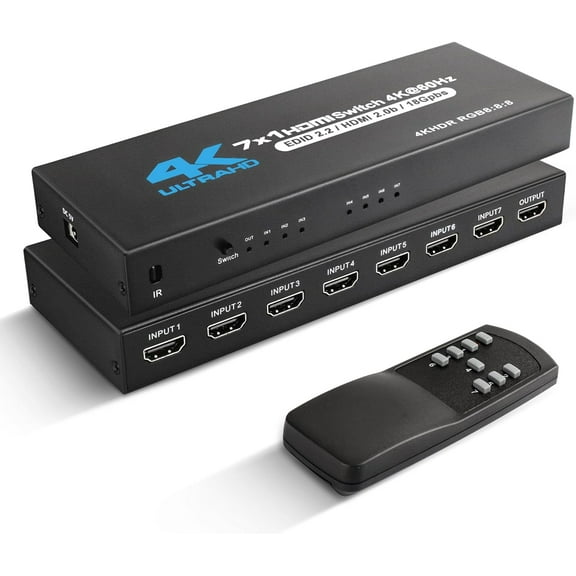 4K HDMI Switch 7x1, 4K@60Hz 7 in 1 Out HDMI Switcher Selector with IR Remote Control, Supports HDCP 2.2 4K@60Hz UltraHD HDR10 3D HD1080P Dolby DST, HDMI Splitter for PS4 Xbox