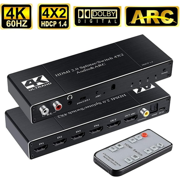4K HDMI Switch Splitter,AUBEAMTO 4 in 2 Out HDMI Switch Splitter Support ARC with R/L 3.5mm Audio + Coaxial + SPDIF Audio Extractor Function with IR Remote Control