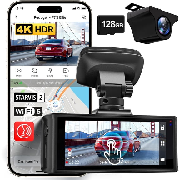 4K HDR Dash Cam Front and Rear, STARVIS 2 Sensor, 5.8GHz WiFi APP, 3.18" Touchscreen, Voice Control, 128G Card Included, WDR, Camera for Cars with GPS, 24H Parking Mode(F7N Elite)