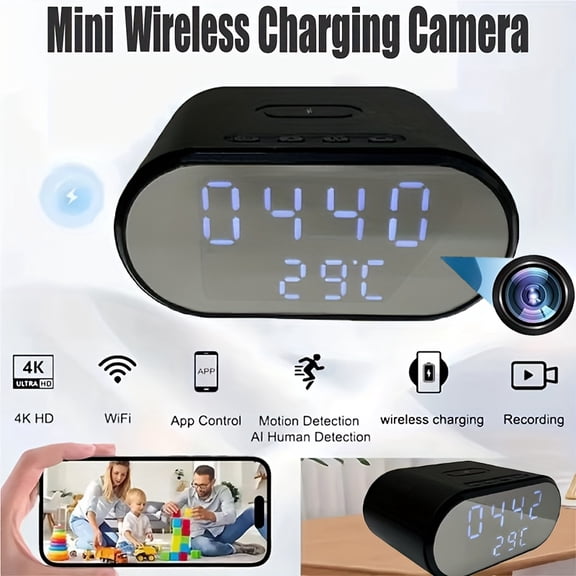 4K Home Alarm Clock with Wireless Charger & WiFi, Remote Mobile Viewing, TF Card/Cloud Storage, AI Alerts to Phone/Email, Security & Decor