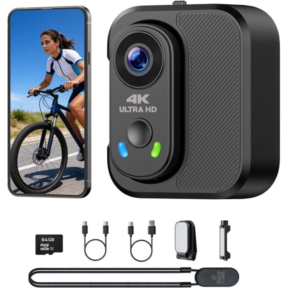4K Mini  Camera, Thumb Action Camera with 64GB Card, WiFi, EIS Stabilization, Charger Case,  Mount, 150? Wide Angle Wearable POV Camera for  YouTube Vlogging Outdoor