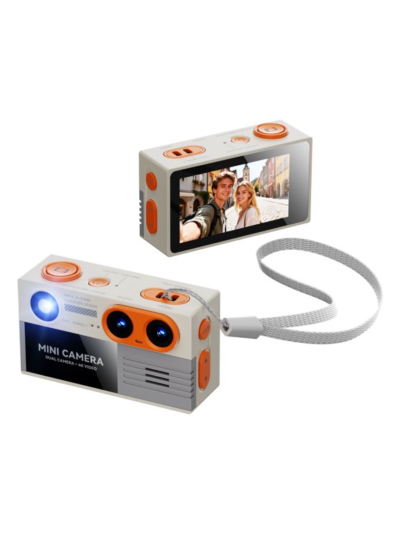 4K Mini Keychain Digital Camera, Dual Lens Pocket Video Camera with 1.97" Rotatable IPS Screen, 21 Filters Type-C (Orange Gray)