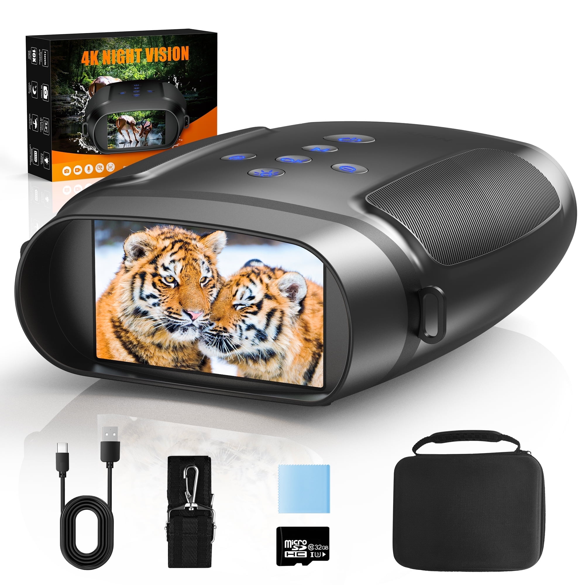 Night Vision Binoculars, Ruaiok Outdoor 4K Digital Binoculars with 10X Digital Zoom,3'' Digital Infrared Night Vision can Save Photo and Video with 32GB Memory Card