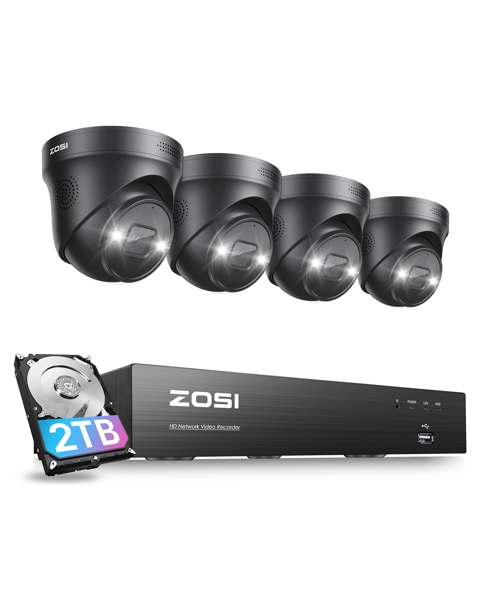 4K POE Security Camera System with Color Night Vision, ZOSI 4PCS 4K Spotlight Wired Security Cameras, AI Person Vehicle Detection,8 Ports 16CH 8MP NVR with 2TB HDD for 24/7 Recording