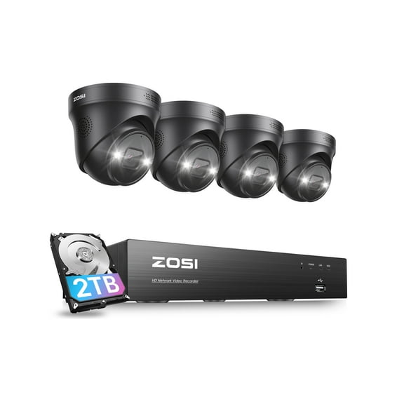 4K POE Security Camera System with Color Night Vision, ZOSI 4PCS 4K Spotlight Wired Security Cameras, AI Person Vehicle Detection,8 Ports 16CH 8MP NVR with 2TB HDD for 24/7 Recording