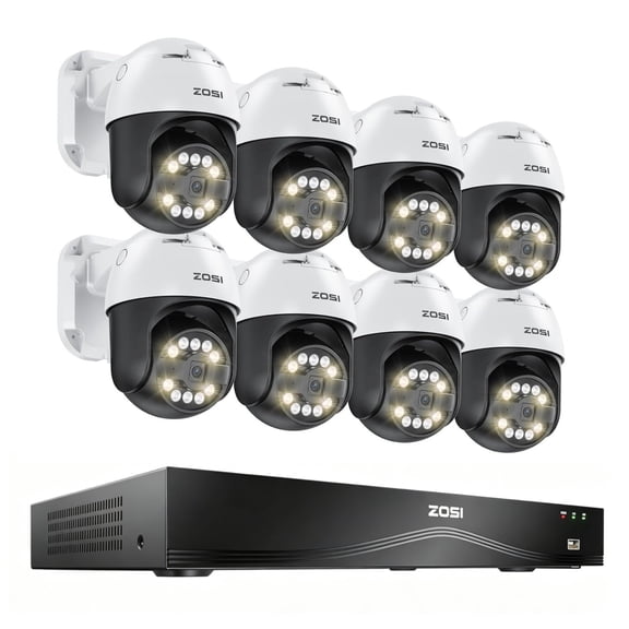 4K PTZ POE Security Camera System with Two Way Audio, ZOSI 16CH 8MP NVR, 4pcs 5MP PoE Cameras Outdoor, AI Smart Detection, Color Night Vision, 360 Tracking, No HDD