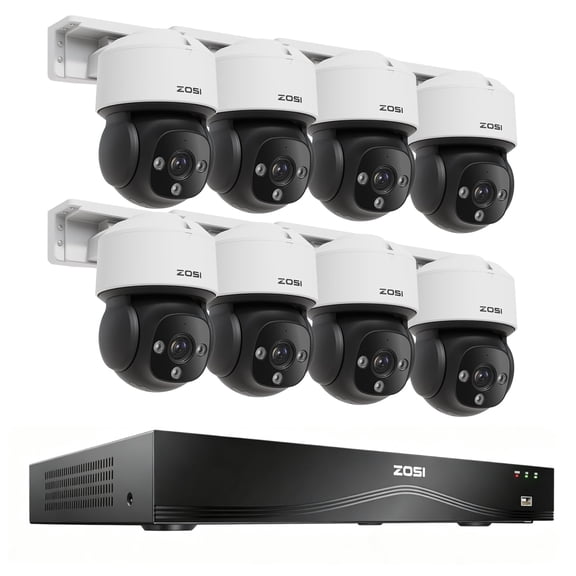 4K PTZ POE Security Camera System with Two Way Audio, ZOSI 16CH 8MP NVR, 4pcs 8MP PoE Cameras Outdoor, AI Human/Vehicle/Face Detection, Color Night Vision, 360 Tracking, No HDD