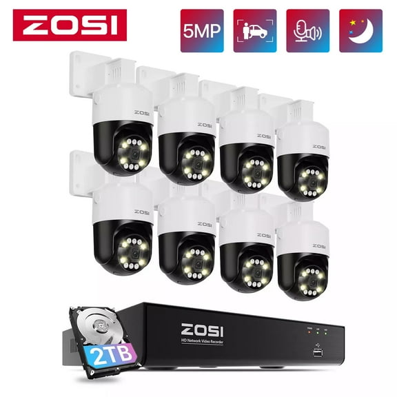 4K PTZ POE Security Camera System with Two Way Audio, ZOSI 8 Port 16CH 8MP NVR, 4pcs 5MP PoE Cameras Outdoor, AI Smart Detection, Color Night Vision, 360 Tracking, 2TB HDD for 24/7 Recording