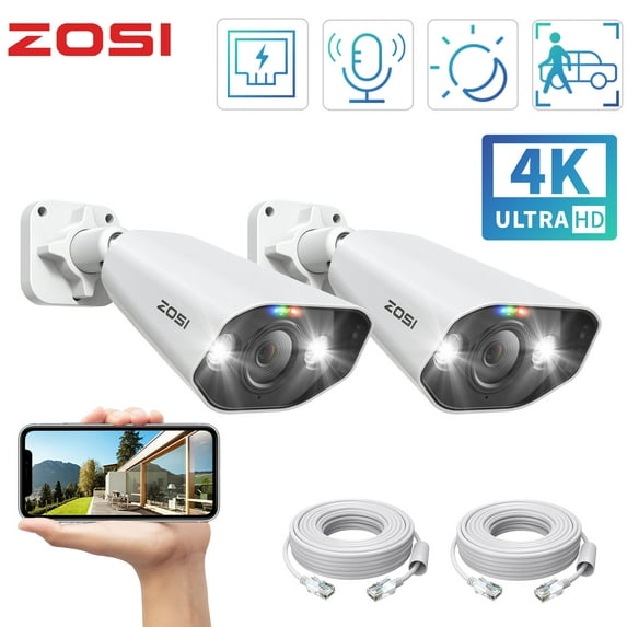 4K PoE  Security Camera Outdoor, ZOSI 8MP 2pcs Bullet PoE IP Surveillance Camera with Ethernet Cable, Built-in Microphone for Audio Record, Color Night Vision, AI Person/Vehicle Detection