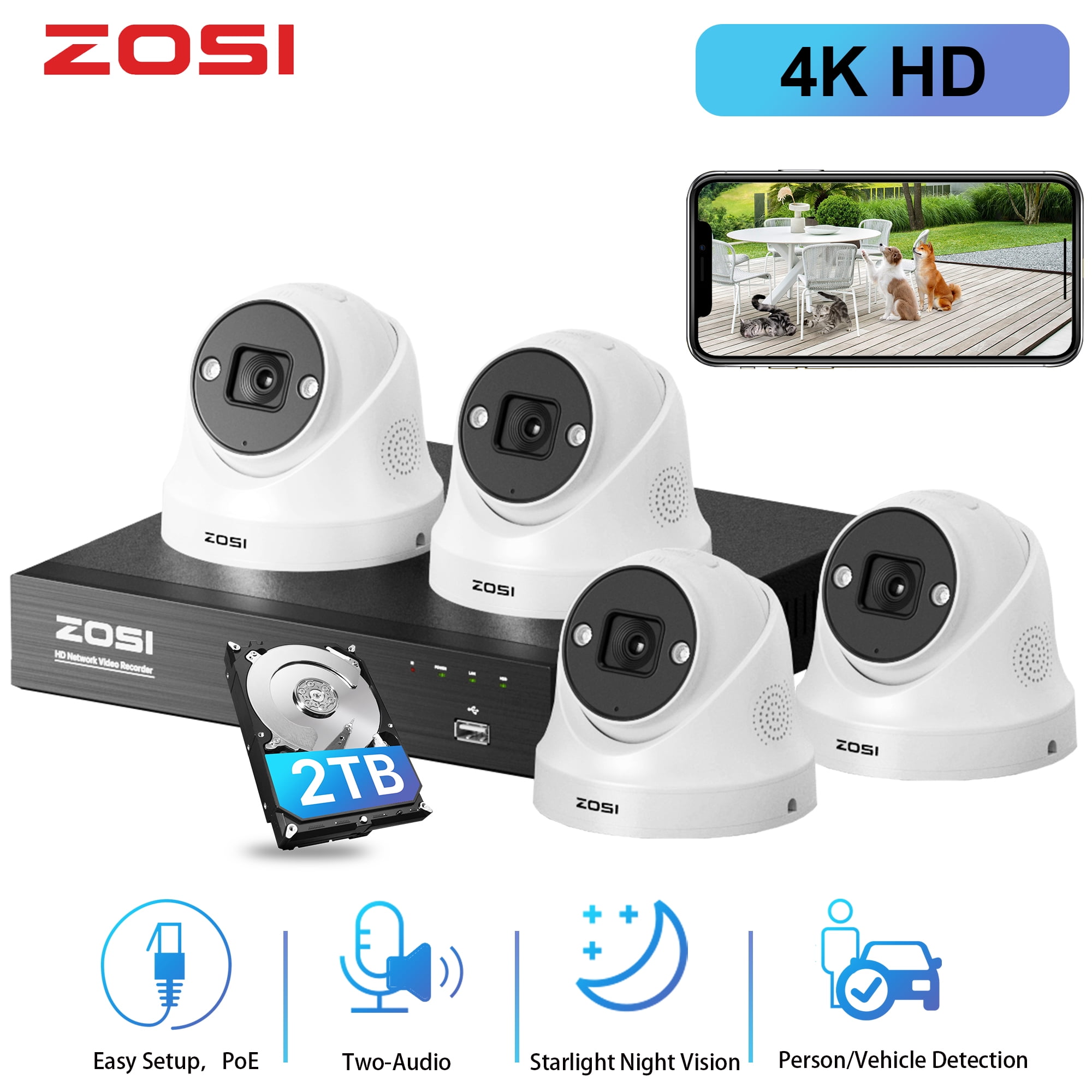4K PoE Security Camera System with AI Human Detection, ZOSI 8CH Security Camera System 2TB, 4pcs Outdoor PoE Security Camera with Audio, Color Night Vision, 24/7 Record, Home Business Security