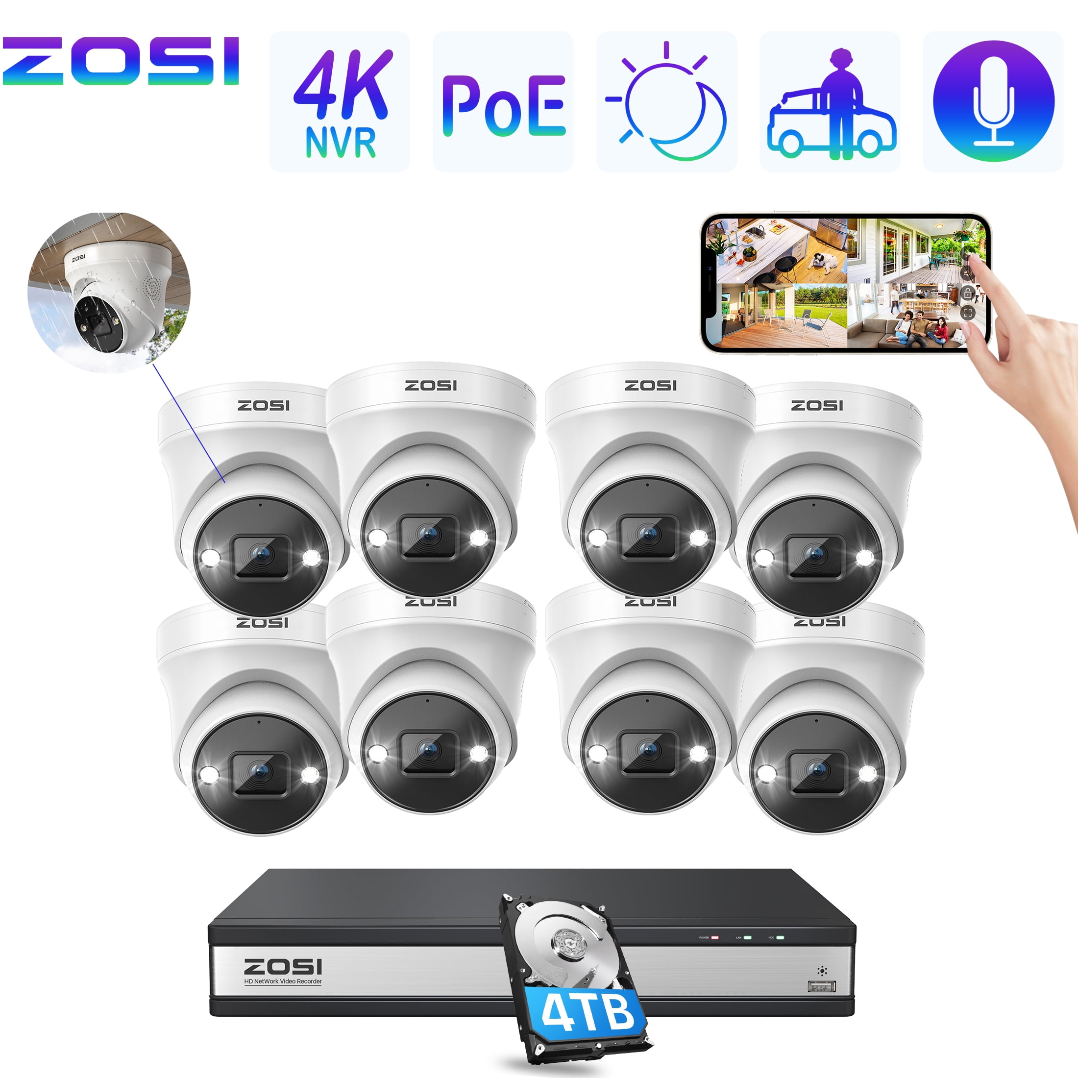 4K PoE Security Camera System with Audio, ZOSI PoE Security Camera