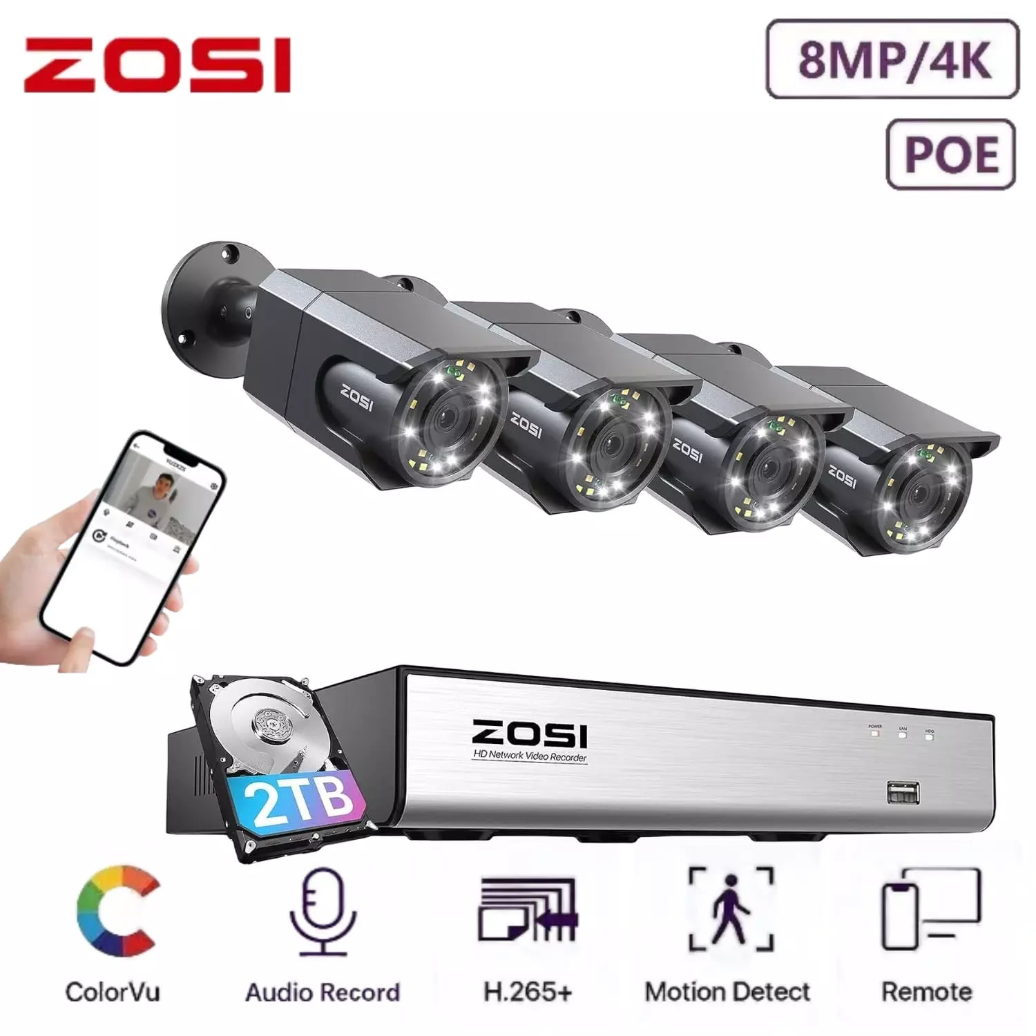 ZOSI 4-Pack 5MP PoE Security Camera System - Outdoor Dome Cameras With Color Night Vision, Person/Vehicle Detection, Siren & 2-Way Audio