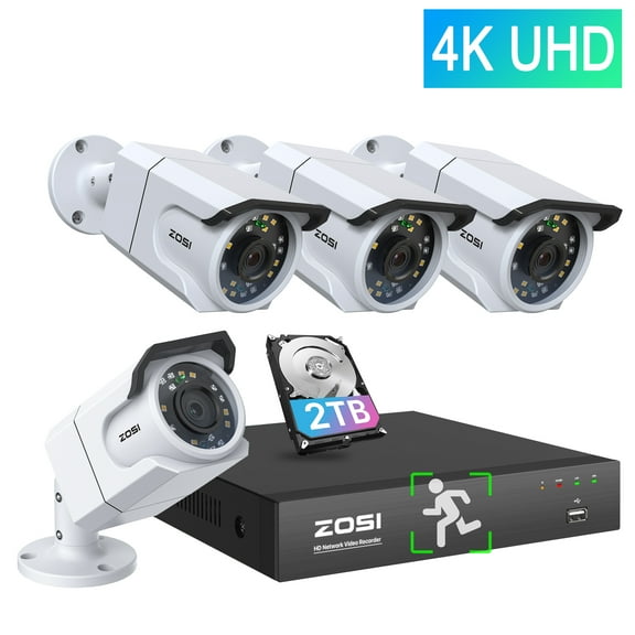 4K PoE Security Camera System Outdoor, ZOSI AI Human Detection, 8CH 8MP NVR with 2TB HDD, 4pcs Audio IP Bullet Surveillance Camera with 100ft Night Vision, IP66 Weatherproof