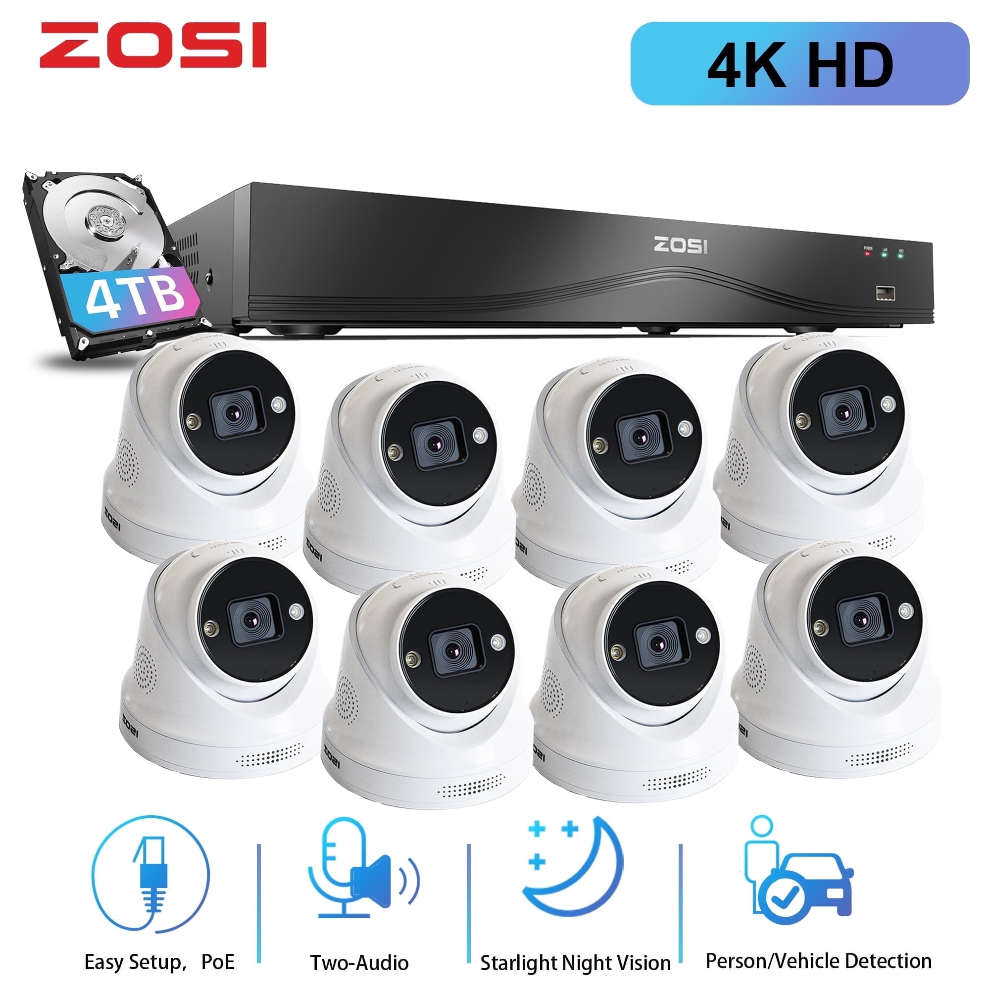 4K PoE Security Camera System, ZOSI 16 Port 24CH 4K CCTV Security Camera System with 4TB HDD, AI Face Human Vehicle Detection, Color Night Vision,8MP Outdoor PoE IP Cameras for Home Business