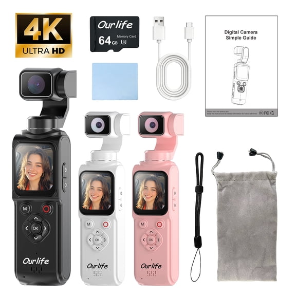 4K Pocket Gimbal Camera for Vlogging, 64MP Autofocus Camera with Face Tracking, Touchscreen, WiFi, 64GB Card, White