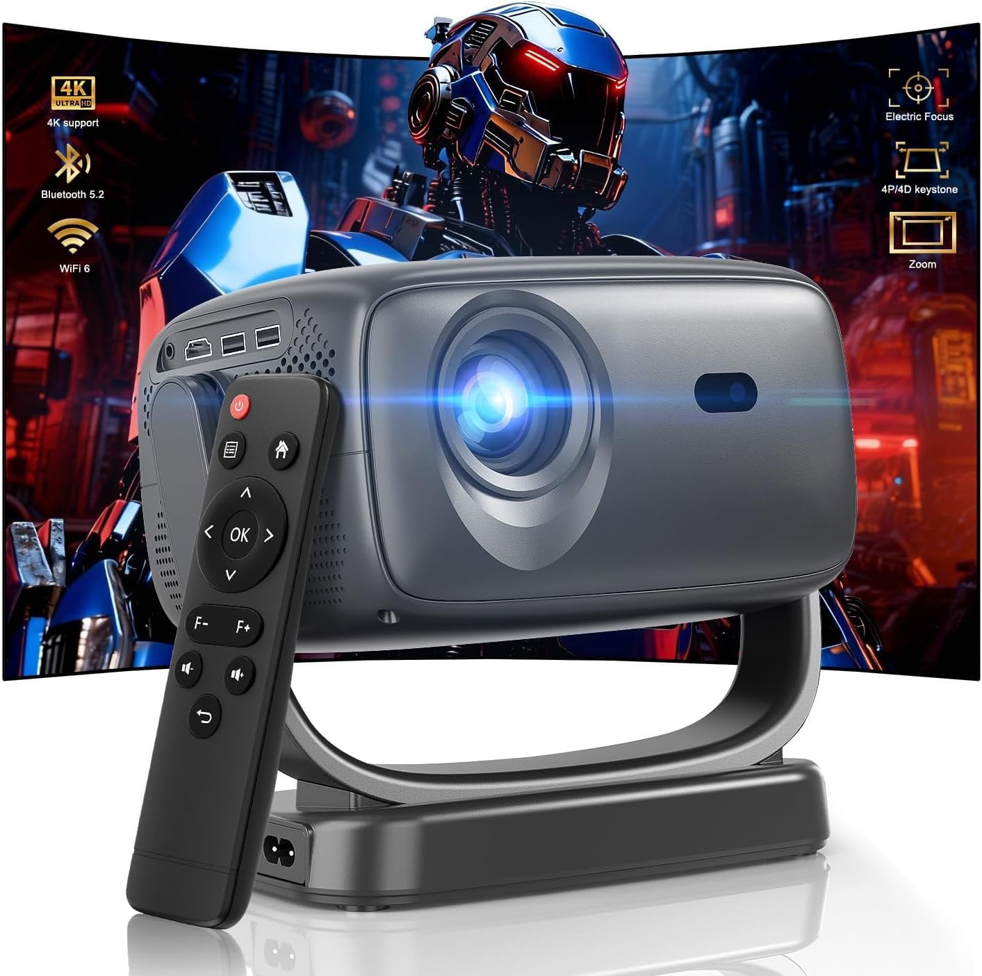 4K Portable Projector with 5G WiFi, 5.2,600 ANSI Projector with in App ...