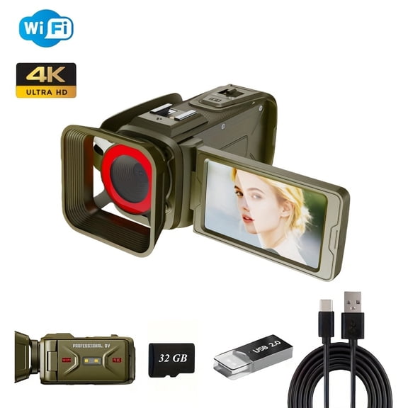 4K Portable Vlogging Camcorder - Wi-Fi Hotspot, Flip Screen & Hot Shoe Support, 2500mAh Large Battery, 32G Memory Card - Ideal for YouTube/Travel (Great Gift Option)