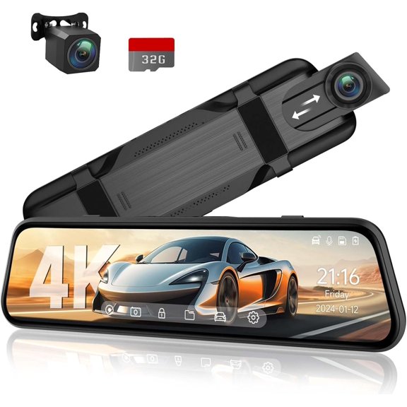 4K Rear View Mirror Camera, 10'' 4K Mirror Cam with 1080P Backup Camera, Cam Front and Rear for with Voice Control, 24H Parking Mode, Night Vision, 32GB SD Card Included