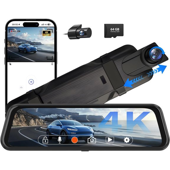 4K Rear View Mirror Camera, 10" Mirror Dash Cam Front and Rear with 64GB Card, Full Screen Dash Cam with 1080P Backup Camera for with Reverse Assist,WiFi,APP,Night Vision,Parking