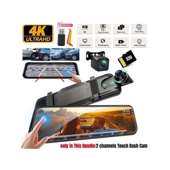 4K Rear View Mirror Camera 9.66 Inch Touch Screen Mirror Dash Cam Front and Rear with 32GB Card Night Vision G-Sensor and Parking Monitor Rearview Mirror Backup Camera