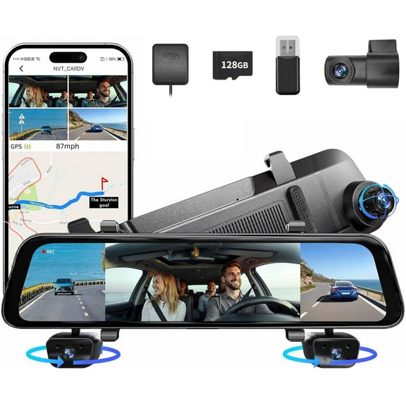 4K Rear View Mirror Camera with Carpay & Android Auto: 11.26" Smart Touch Screen Mirror Dash Cam Front and Rear with Voice Contro, Parking Monitor, Reverse Assist for Car Truck SUV Van (64GB Card)