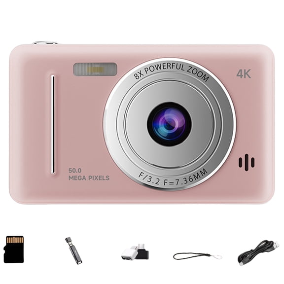 4K Retro CCD Digital Camera, Dual-Lens Flash Camcorder, 32GB Memory Card Included (Pink 32G)