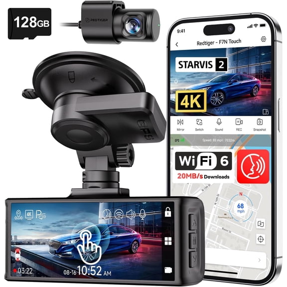 4K STARVIS 2 Dash Cam Front and Rear, 5GHz WiFi 20MB/s Download, 128GB Card Included, Voice Control, Dash Camera for Cars with 3.18" Touch Screen, GPS, Loop Recording, Parking Mode(F7N Touch)