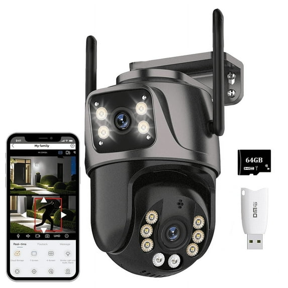 4K Security Camera Outdoor, Dual Lens PTZ Wireless Outside Cameras for Home Security with 3M Cord, IP66 Waterproof, AI Tracking, Light Alarm, Color Night, 2-Way Talk, 24/7 Record,SD/Cloud