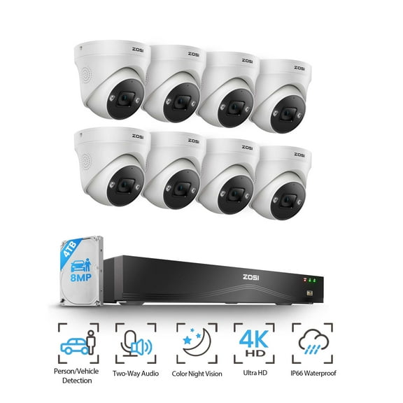 4K Security Camera System with Audio, ZOSI 4K Outdoor PoE Security Camera with AI Person Vehicle Detection, 8MP 16CH NVR with 4TB HDD for 24-7 Recording, Smart Home Security