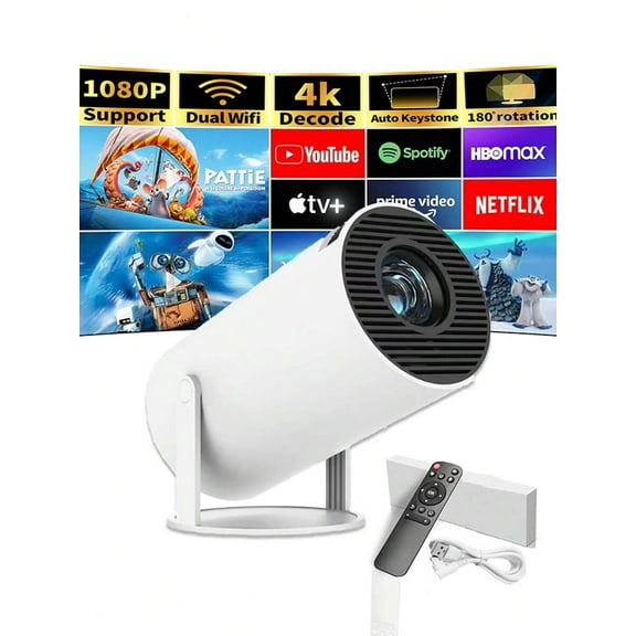 4K Smart Home Theater Projector with Built-in Android 11, WiFi, Bluetooth 5.0, USB, 180° Rotation for Phone TV Stick Laptop